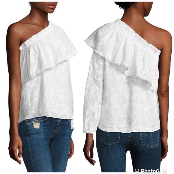 PARKER White One Shoulder Top Blouse Cotton Long Sleeve Ruffle Tassel XS New - Picture 3 of 16